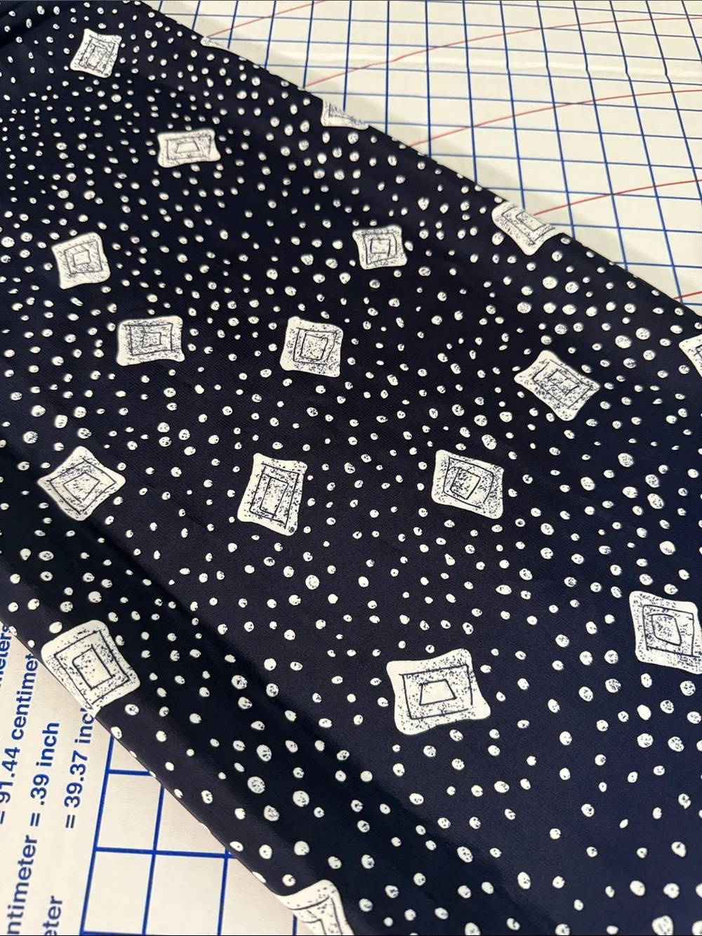 Vintage 1970s 80s Dark Navy Cream Abstract Dot Geometric Fabric 2.5 Yards x 44”